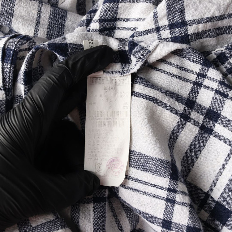 써스데이아일랜드 화이트 네이비 체크 린넨 코튼 롱 셔츠 원피스 이미지