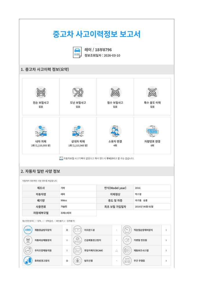 레이 프레스티지 16년식, 79,330km, 820만원 이미지