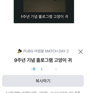 배틀그라운드 9주년 홀로그램 고양이 귀 코드 / 배그 9주년 ( 스팀 , 카카오 , 에픽게임즈 , 스배 , 카배 이미지