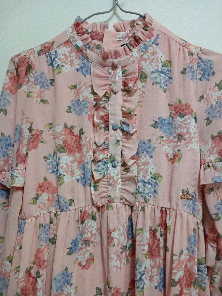 닥스 키즈 여아 분홍색 플라워 롱 원피스 프릴 장식 사이즈 140(11y 이미지