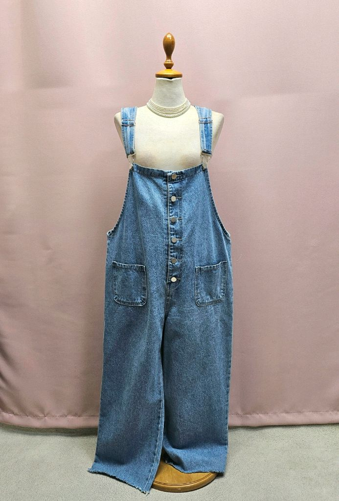 버튼 데님 와이드 멜빵바지 점프수트 이미지