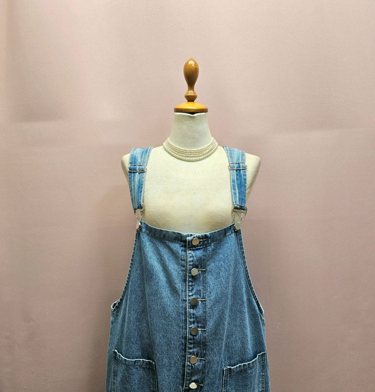 버튼 데님 와이드 멜빵바지 점프수트 이미지