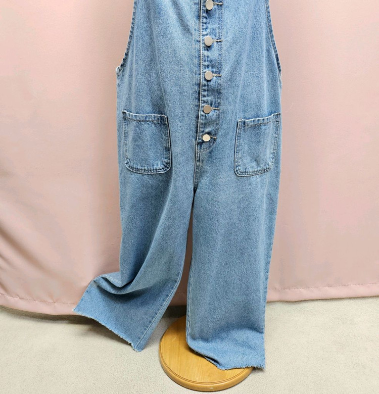 버튼 데님 와이드 멜빵바지 점프수트 이미지