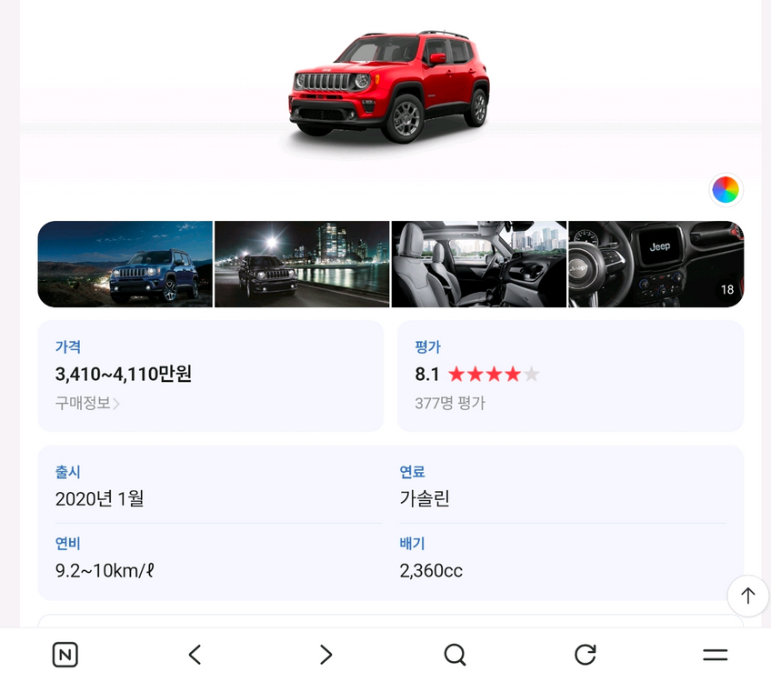 중형 SUV 지프 레니게이드 2020년식 이미지