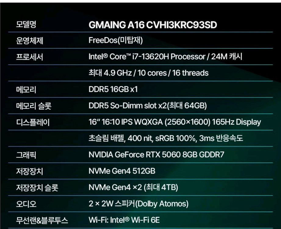 GIGABYTE GAMING A16 CVH 기가바이트 5060 노트북 팝니다 이미지