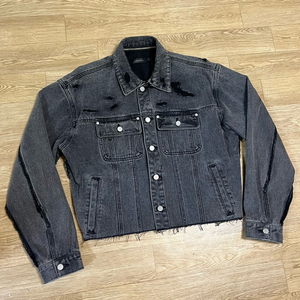 오버L/커스텀) 바스틱 클린 로우 컷 넥 집 데님 자켓 블랙 청자켓 이미지