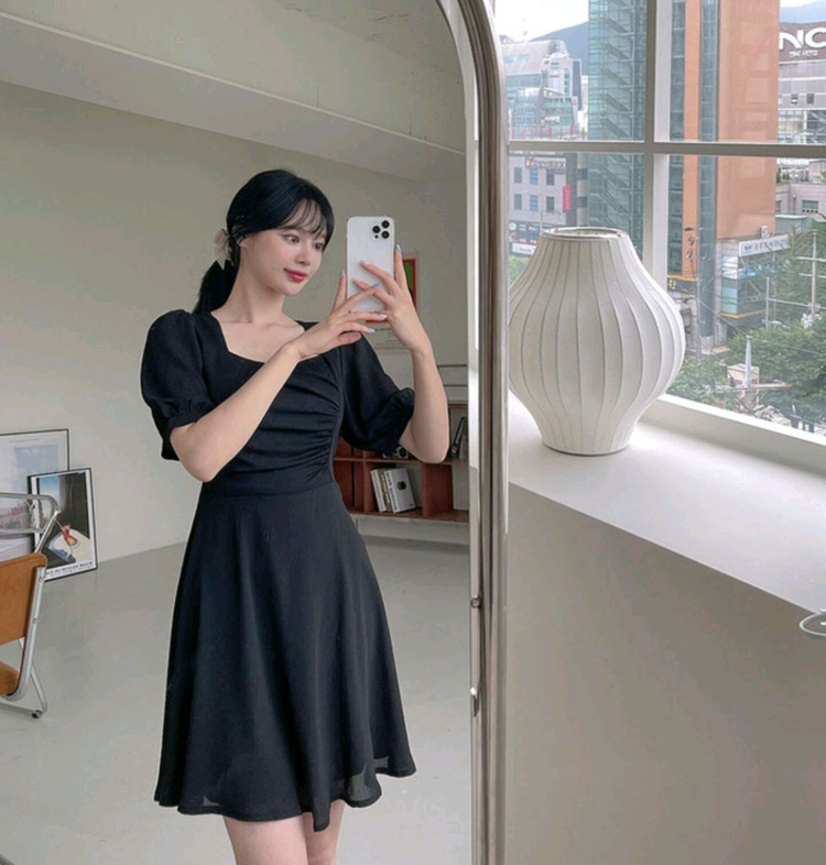 빅사이즈 셔링 원피스 블랙 이미지