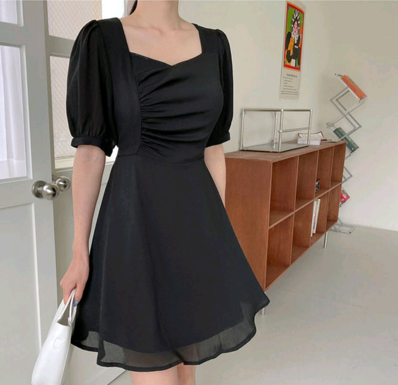 빅사이즈 셔링 원피스 블랙 이미지