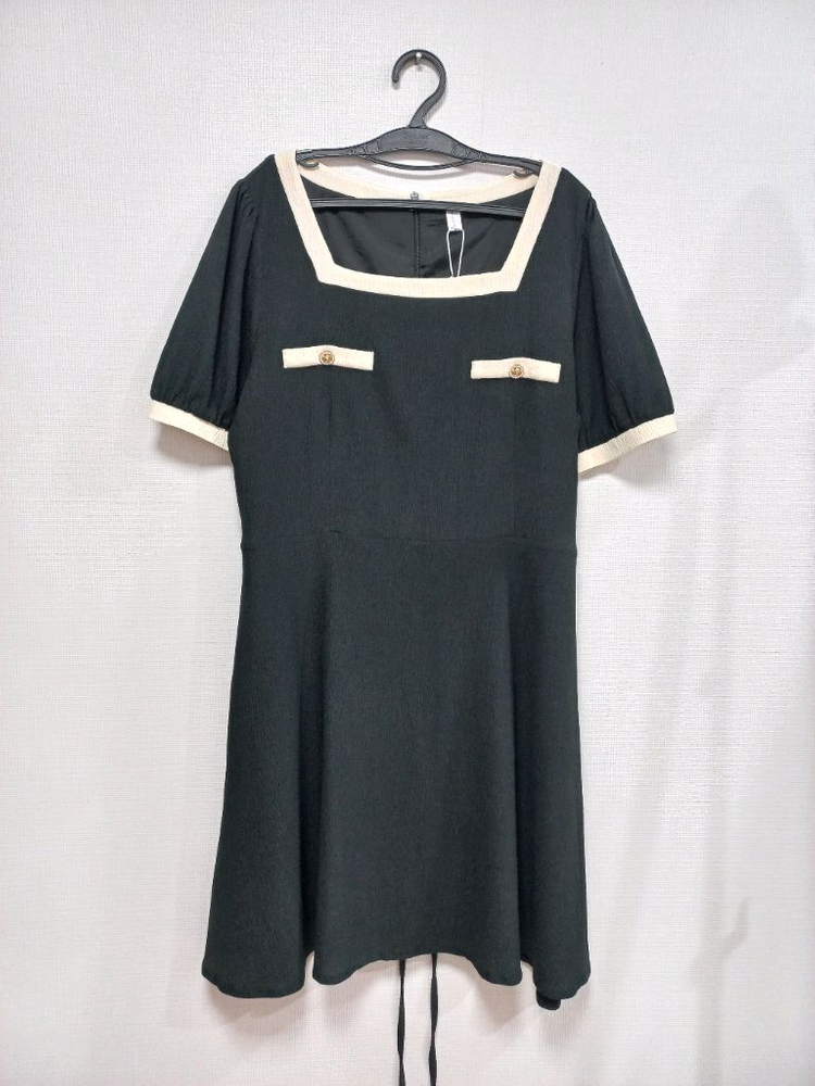 빅사이즈 스퀘어넥 배색 원피스 블랙 이미지