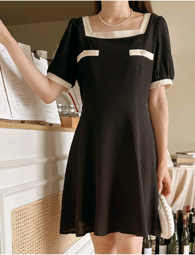 빅사이즈 스퀘어넥 배색 원피스 블랙 이미지