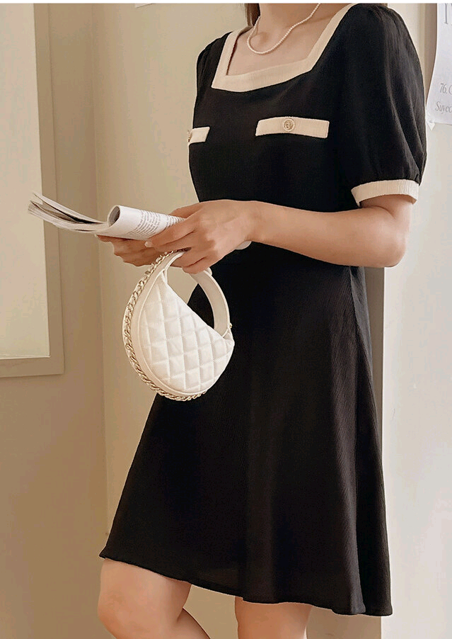빅사이즈 스퀘어넥 배색 원피스 블랙 이미지