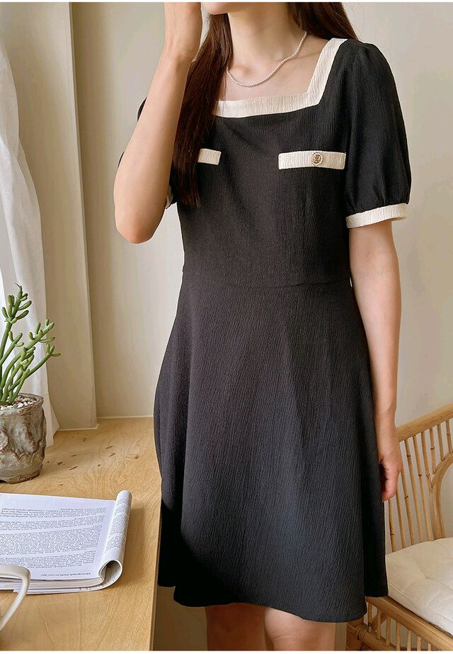 빅사이즈 스퀘어넥 배색 원피스 블랙 이미지