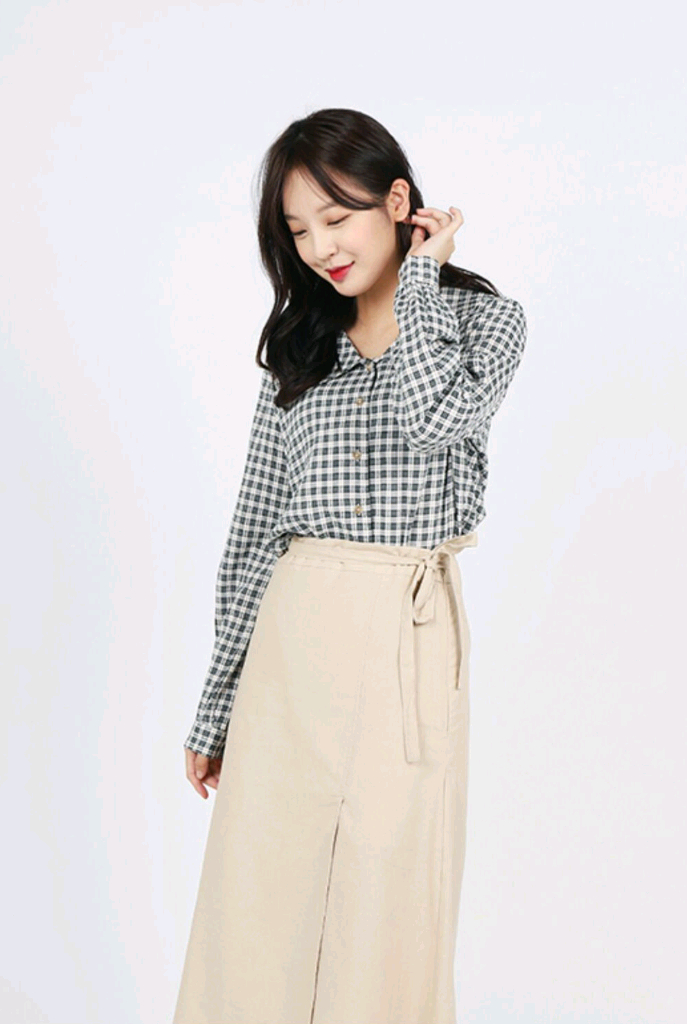 빅사이즈 체크 블라우스 카키 이미지