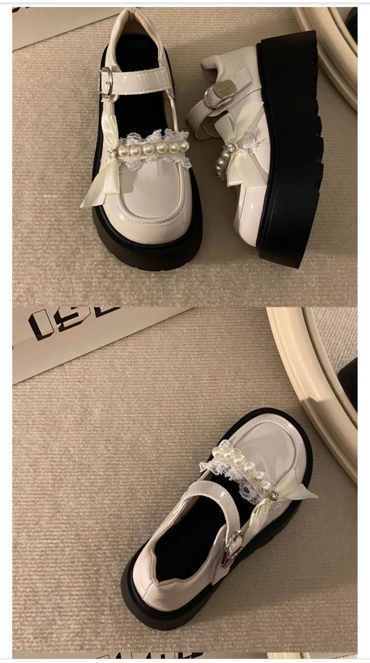 COSYEVNO 여자 메리제인 슈즈 가을 작은 구두 리본 라운드 로퍼 진주 장식 데일리 캐주얼 에나멜 230 사이즈 이미지