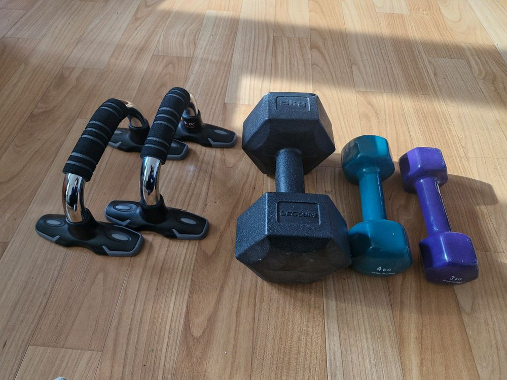 고무 플라스틱 아령 + 푸쉬업바 운동기구 이미지