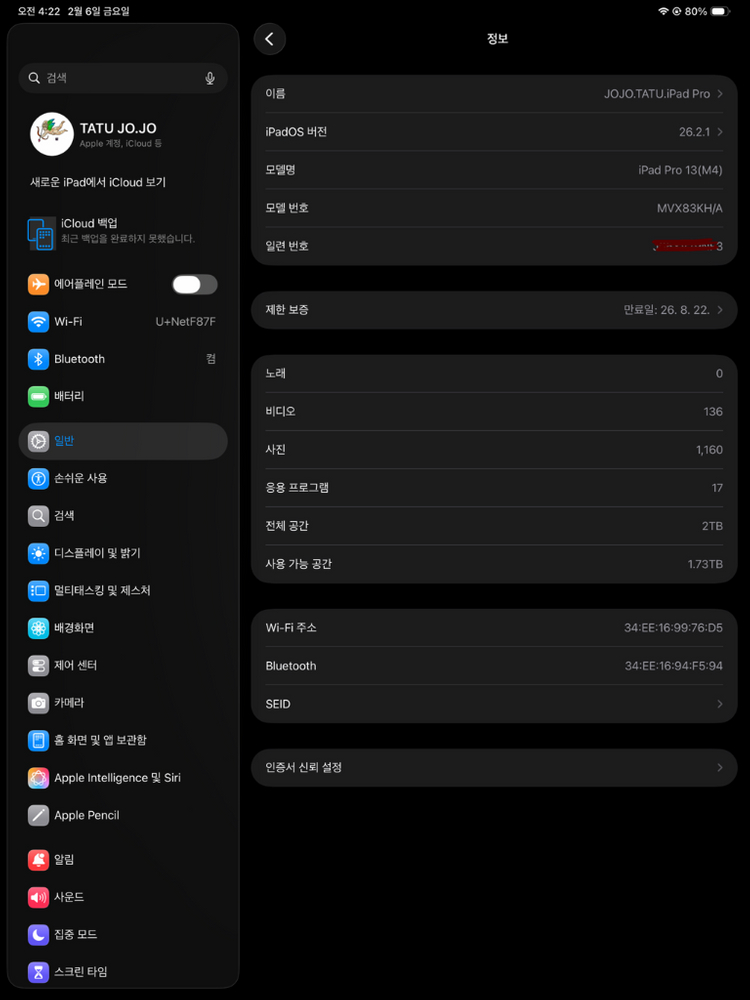 아이패드 프로 13 M4 WIFI 2TB 팝니다 이미지