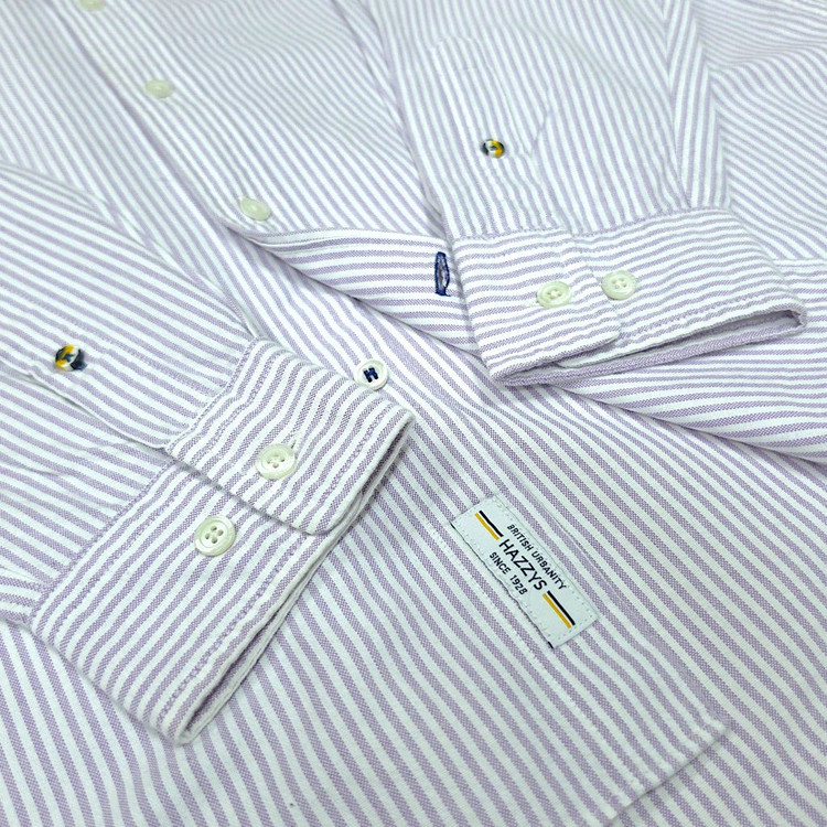 [100] 헤지스 핑크&화이트 스트라이프 버튼다운 코튼 긴팔셔츠 이미지