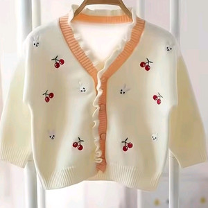 유아 110사이즈 토끼 앵두 패턴 니트 가디건 이미지
