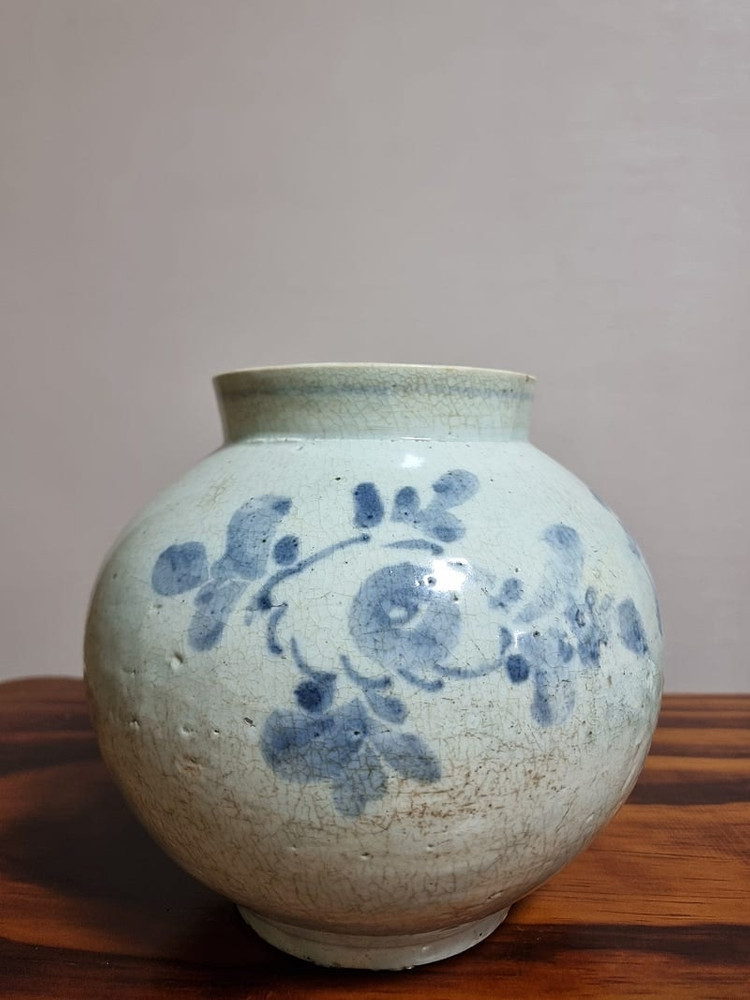 골동품 관요사기 청화백자 명문 모란문 호 이미지