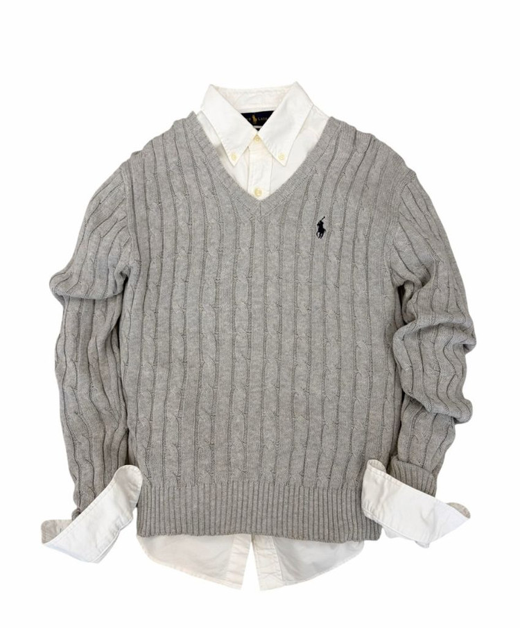 폴로 꽈배기 브이넥 니트 웜그레이 (여성L) 이미지