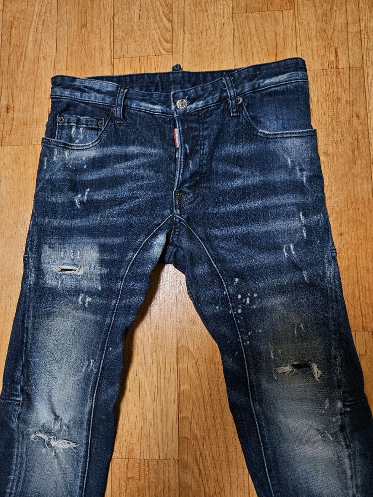 정품,새옷수준) 디스퀘어드2 남성 데미지 워싱 페인팅 스판 청바지,33인치 이미지