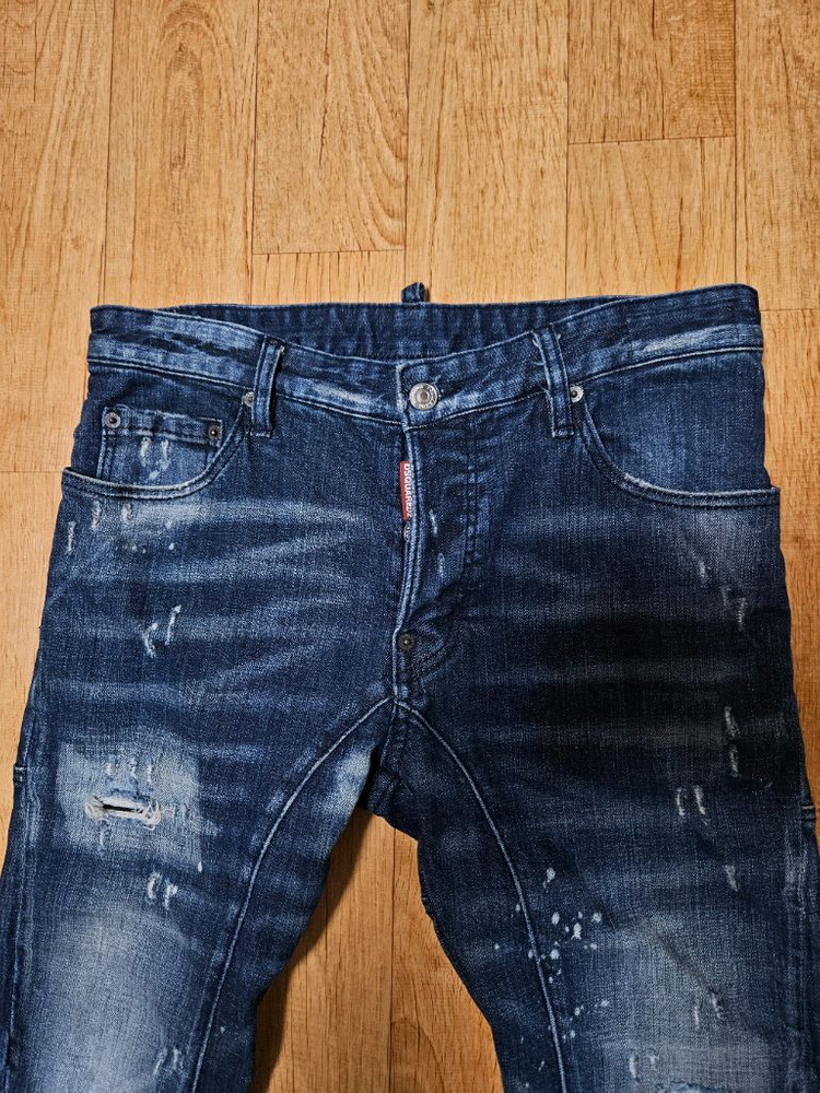 정품,새옷수준) 디스퀘어드2 남성 데미지 워싱 페인팅 스판 청바지,33인치 이미지