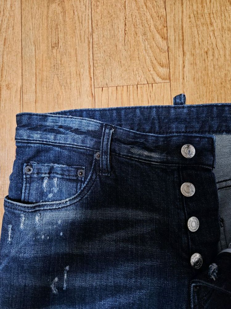 정품,새옷수준) 디스퀘어드2 남성 데미지 워싱 페인팅 스판 청바지,33인치 이미지