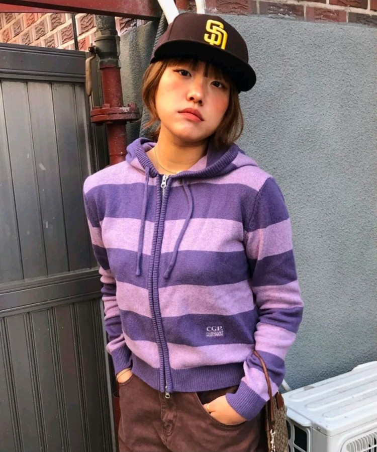 코드그라피 스트라이프 니트 후드 집업-라벤더 이미지