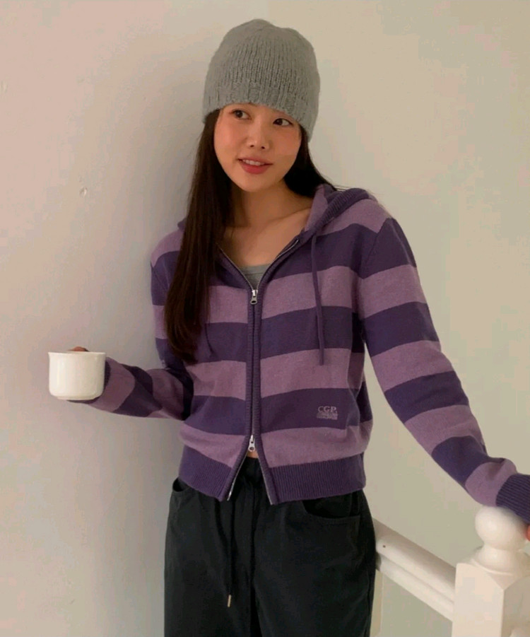 코드그라피 스트라이프 니트 후드 집업-라벤더 이미지