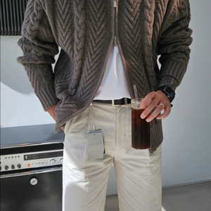 메리노울 케이블 니트 집업 가디건 모카 / 105 이미지