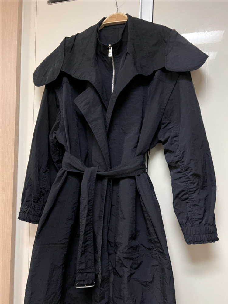 21년 한섬 시스템 SYSTEM 바스락 벨트 후드 트렌치코트 셔링 네이비 롱 간절기 점퍼 자켓 이미지
