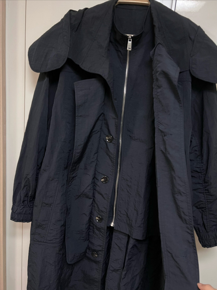 21년 한섬 시스템 SYSTEM 바스락 벨트 후드 트렌치코트 셔링 네이비 롱 간절기 점퍼 자켓 이미지