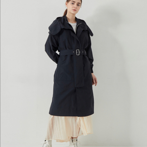 21년 한섬 시스템 SYSTEM 바스락 벨트 후드 트렌치코트 셔링 네이비 롱 간절기 점퍼 자켓 이미지