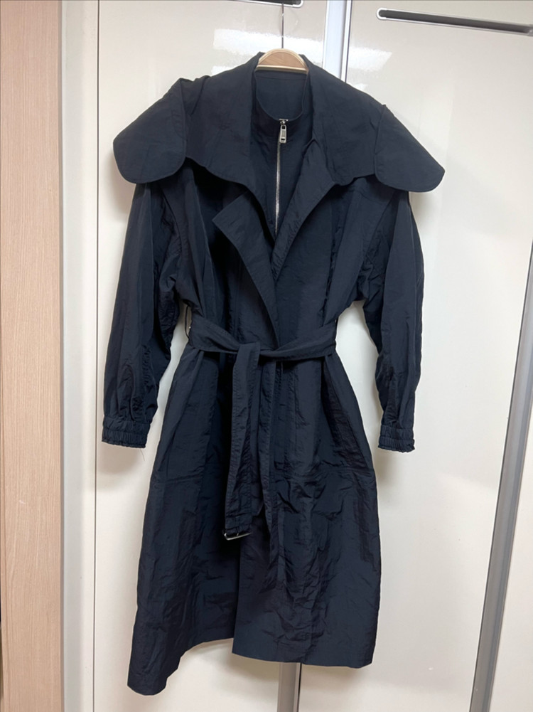 21년 한섬 시스템 SYSTEM 바스락 벨트 후드 트렌치코트 셔링 네이비 롱 간절기 점퍼 자켓 이미지