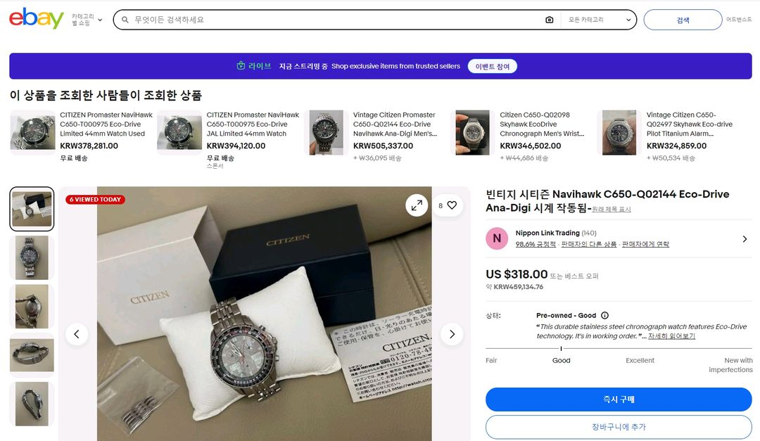 빈티지 시티즌 프로마스터 스카이호크 항공시계 이미지