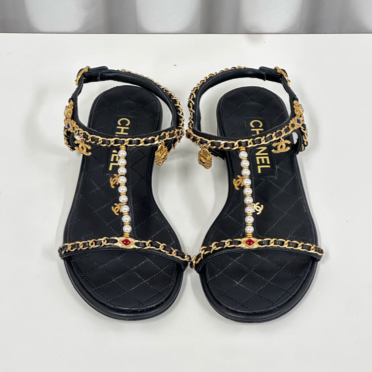 (풀구성)샤넬 퀼팅 체인 진주 장식 샌들 블랙 36.5 사이즈 이미지