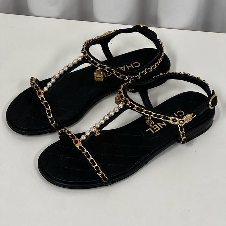 (풀구성)샤넬 퀼팅 체인 진주 장식 샌들 블랙 36.5 사이즈 이미지