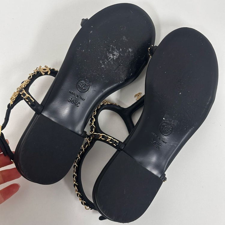 (풀구성)샤넬 퀼팅 체인 진주 장식 샌들 블랙 36.5 사이즈 이미지