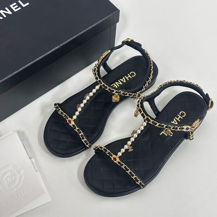 (풀구성)샤넬 퀼팅 체인 진주 장식 샌들 블랙 36.5 사이즈 이미지