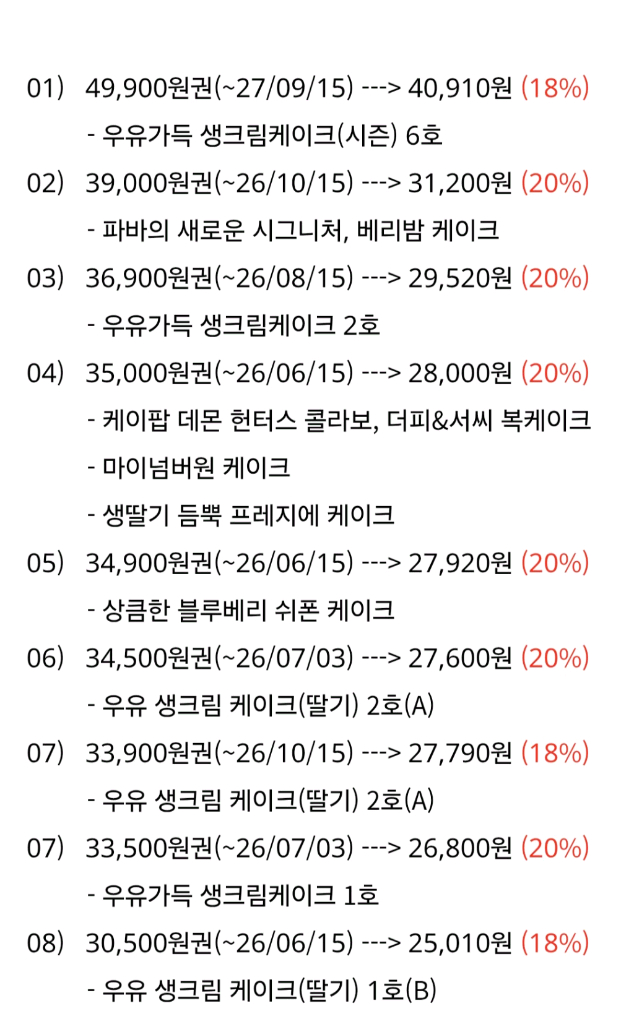 최저가-최대20%-파리바게뜨 파리바게트 25종 / 9,800~49,900원권, 마이넘버원 등 - 다른제품교환가능 이미지