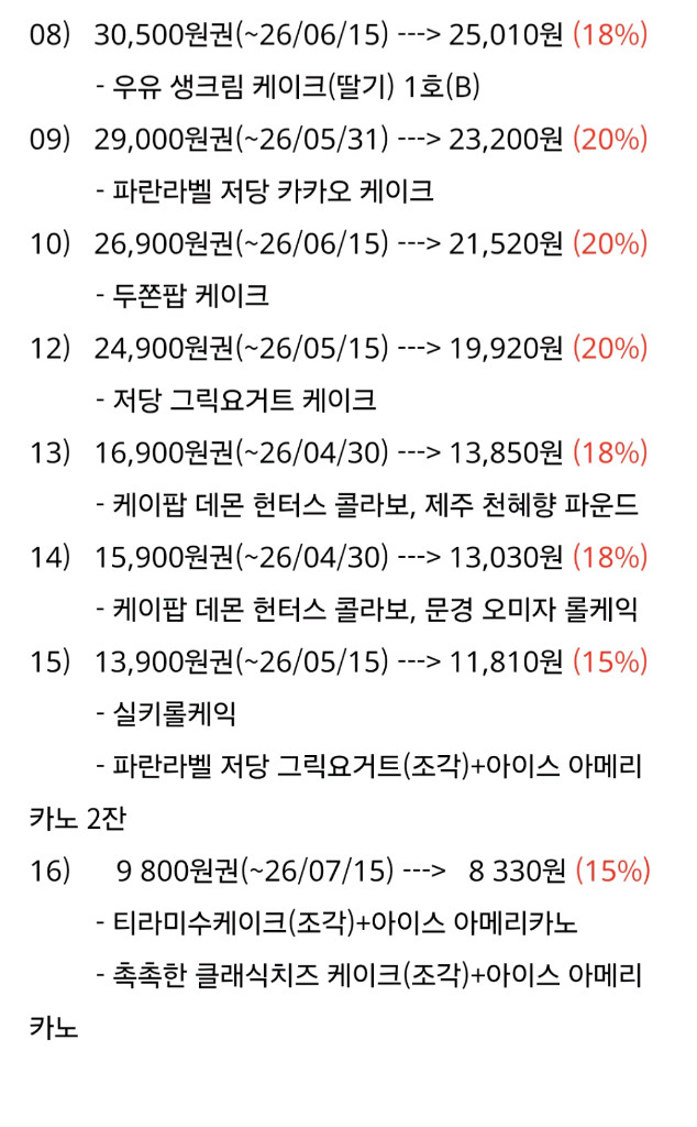최저가-최대20%-파리바게뜨 파리바게트 25종 / 9,800~49,900원권, 마이넘버원 등 - 다른제품교환가능 이미지