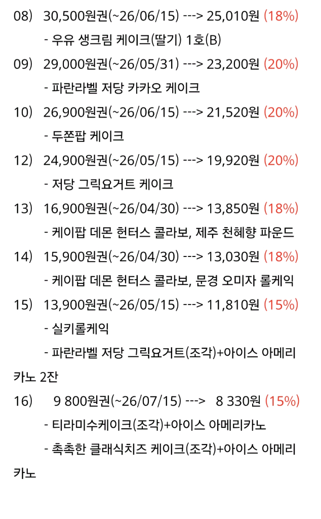 최저가-최대20%-파리바게뜨 파리바게트 25종 / 9,800~49,900원권, 마이넘버원 등 - 다른제품교환가능 이미지