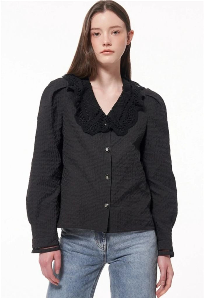 제평 블루밍 22년 시어서커 지지미 레이스 카라 블라우스 셔츠 하객룩 타임스탈 이미지