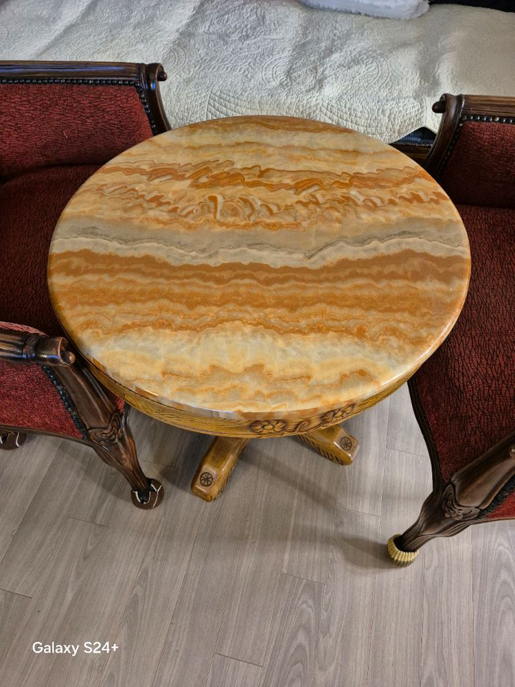 빈티지 원목 의자 2개 + 원형 대리석 테이블 세트 이미지