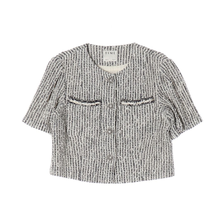 타임 23SS 라운드 반팔 트위드 자켓 크롭 재킷 블랙 화이트 S 이미지