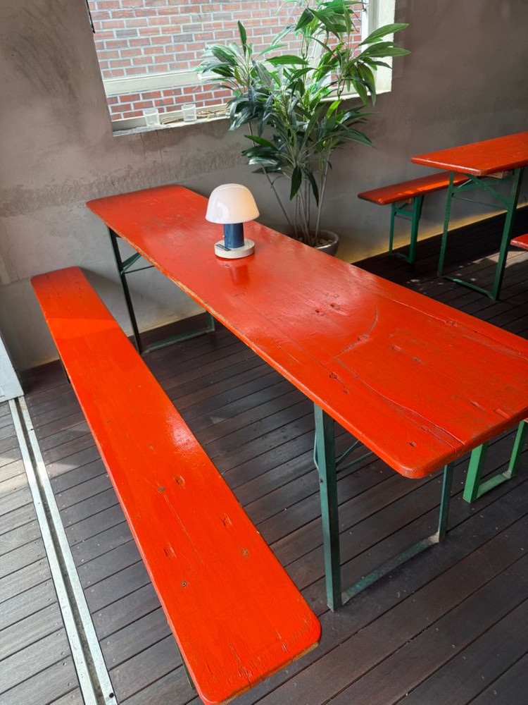 빈티지 오렌지 비어테이블 & 벤치 세트 (총 3세트 보유 / 220cm 대형) 이미지
