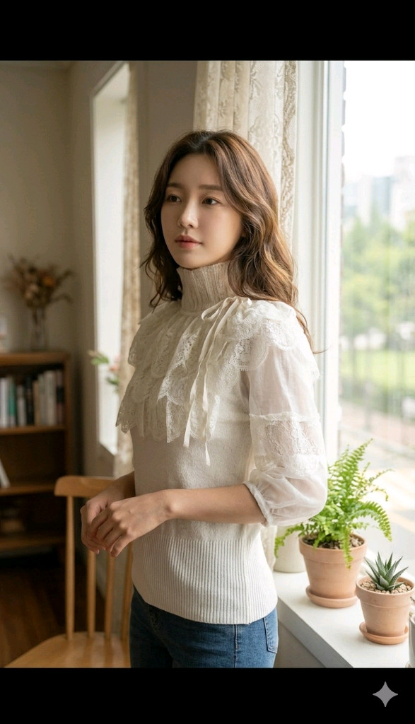 여리핏 | 아이보리 레이스 시스루 니트 블라우스 | 하이넥 러플 이미지