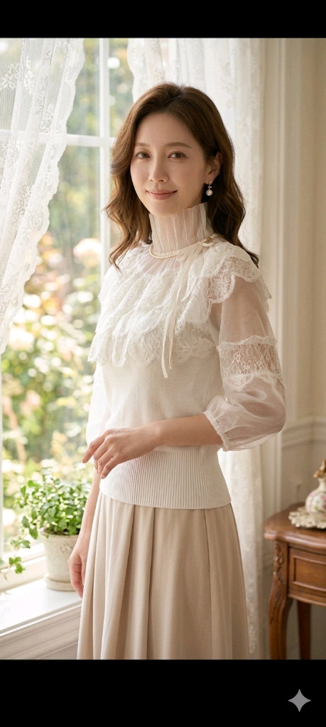 여리핏 | 아이보리 레이스 시스루 니트 블라우스 | 하이넥 러플 이미지