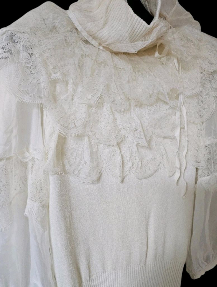 여리핏 | 아이보리 레이스 시스루 니트 블라우스 | 하이넥 러플 이미지
