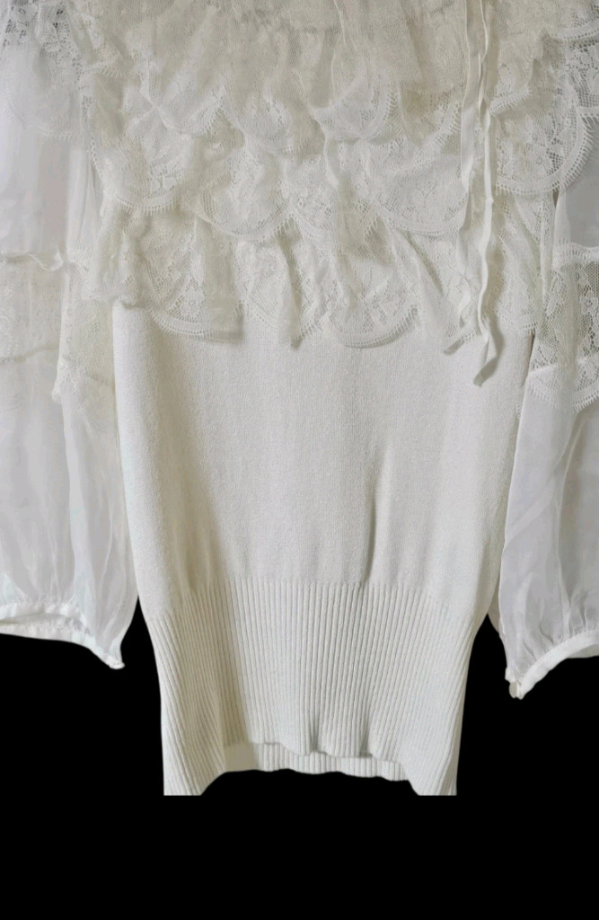 여리핏 | 아이보리 레이스 시스루 니트 블라우스 | 하이넥 러플 이미지